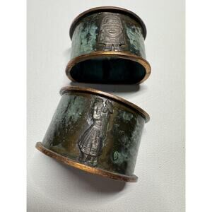 Vintage Brass Copper Napkin Rings Etched Figures Set 2 Aztec Motif Patina Decor